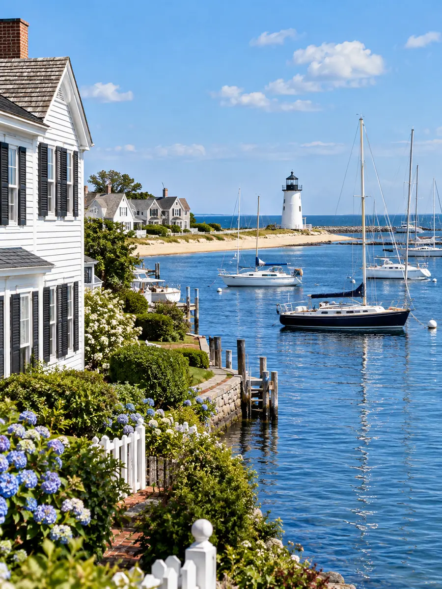 Weiße Holzhäuser, ein Leuchtturm und festgemachte Segelboote im Hafen von Edgartown