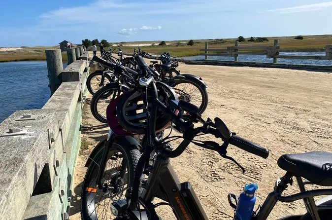Several e-bikes parked along a wooden railing beside a sandy path and a marsh