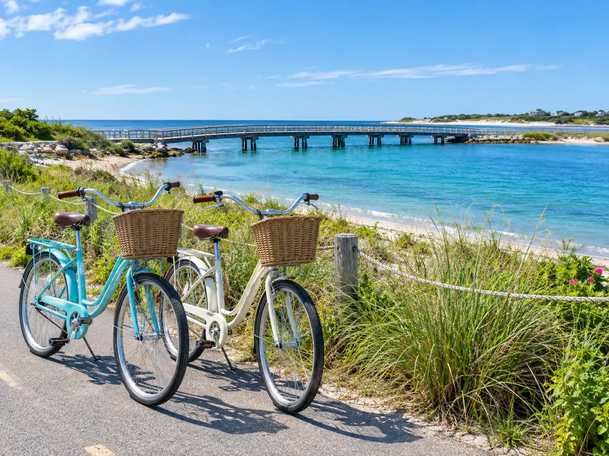 Zwei Leihfahrräder mit Körben neben einem asphaltierten Radweg an einem ruhigen Strand