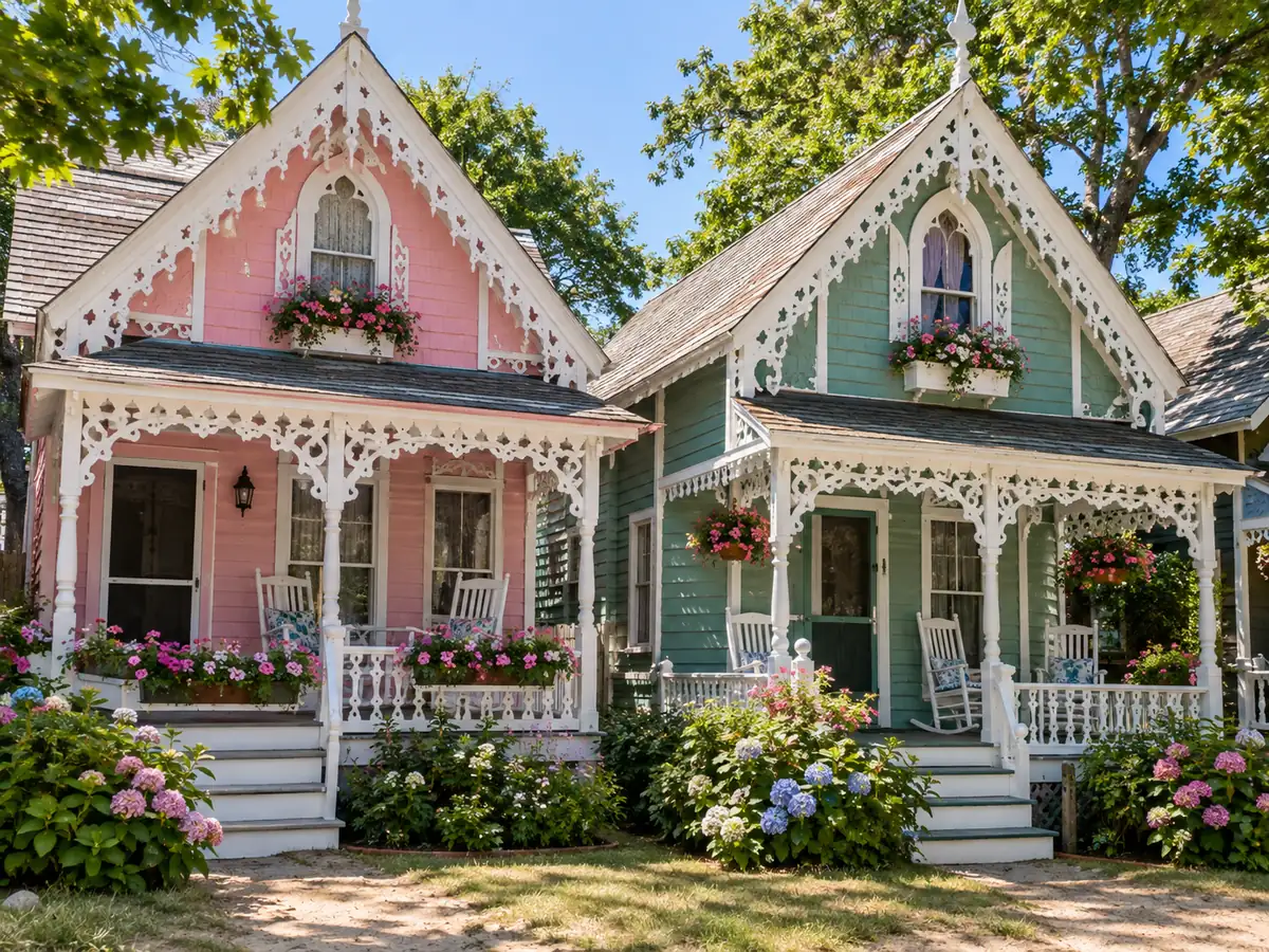 Ein rosa und ein meergrünes Gingerbread-Cottage mit geschnitzter weißer Verzierung in Oak Bluffs