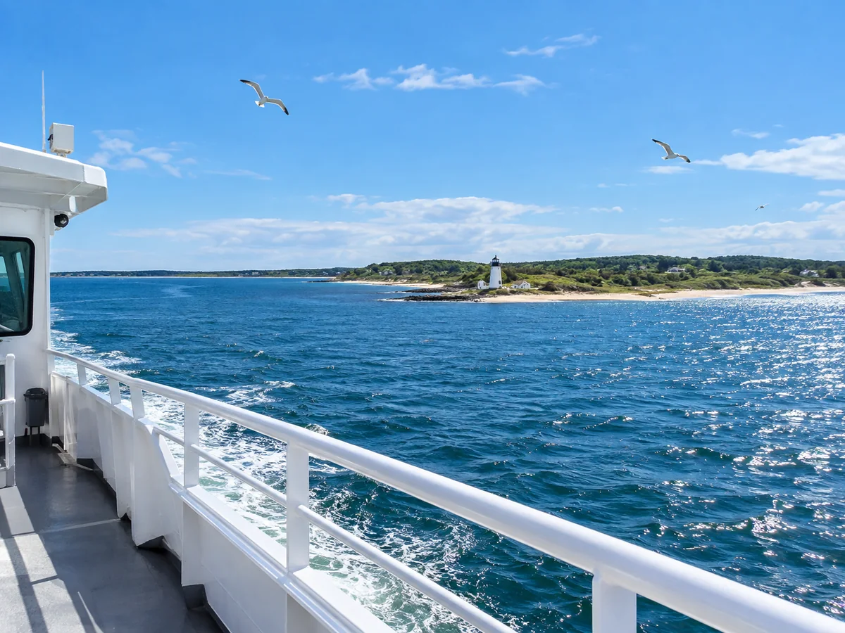 Blick vom Oberdeck einer Passagierfähre auf die grüne Küste von Martha's Vineyard